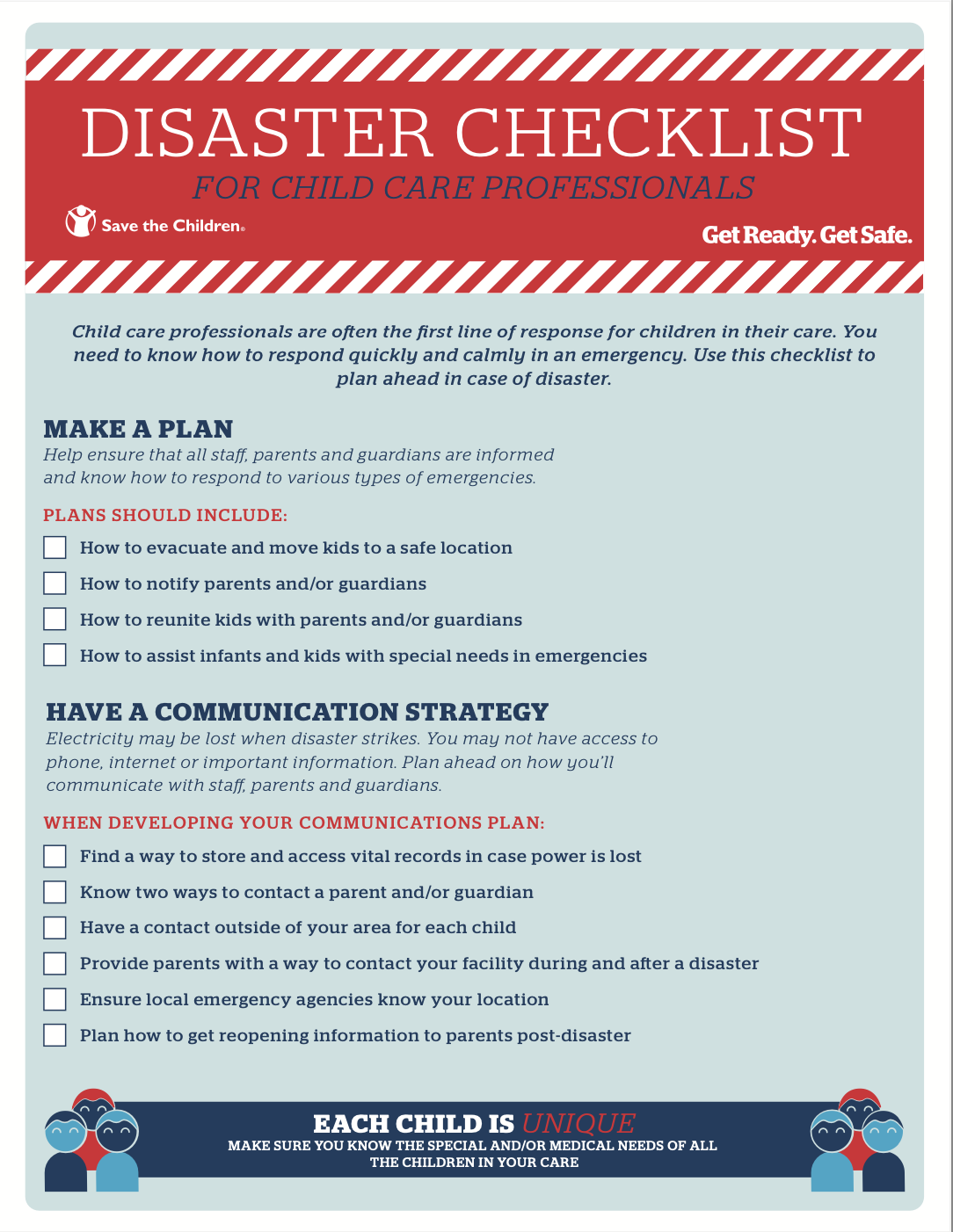 Disaster Checklist for Child Care Professionals, provided by Save the Children. The document outlines steps on how to prepare, plan, and respond to emergencies, with tips on effective communication strategies and actions for ensuring child safety during a disaster.
